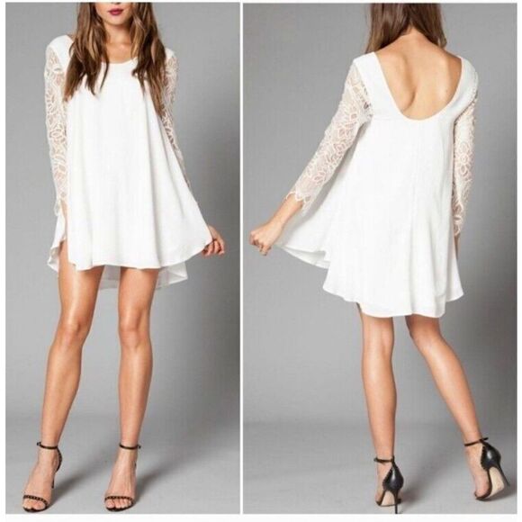 Lovers + Friends Freesia White Mini Dress Size XS Deep Back Lace Sleeves Ivory - Picture 1 of 7
